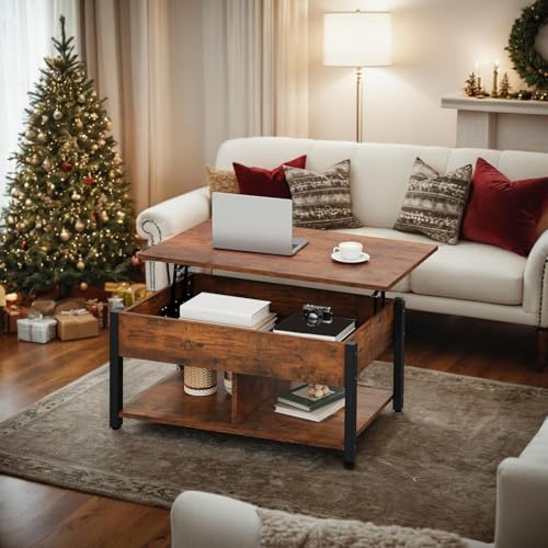 DWVO Lift Top Coffee Table, Coffee Tables with Large Hidden Storage Wood Coffee Table Lift Up Center Table for Living Room, Office, Rustic Brown
