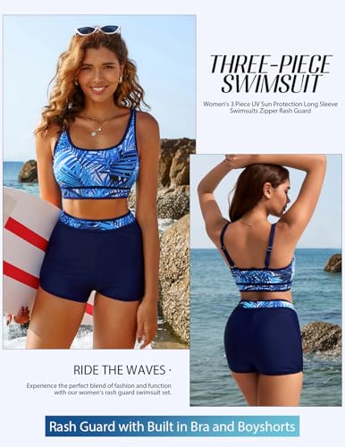 Summer Rash Guard Swimsuit Women UPF 50+ Long Sleeve Shirts Surfing Swimming Tops Lightweight Quick Dry Swimsuits Blue Leaf M - Image 3