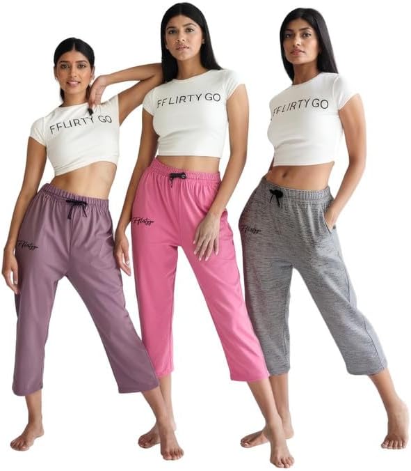 Fflirtygo Women's Cotton Plain Calf Length Capri | Nightwear Pyjama | 3/4th Solid Pyjama Pant | Casual wear & Lounge Wear Capri Combo (Pack of 3)