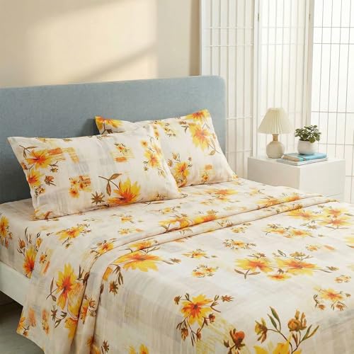 Image of JSD Rustic Yellow Floral Printed Queen Sheet Set Extra Deep Pocket | 4 Piece Soft Botanical Microfiber Sheets, OEKO-TEX Certified, Easy Care