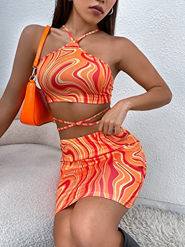 Wdirara Women's 2 Piece Outfits Marble Print Criss Cross Halter Crop Top Bodycon Skirt Set Orange S #TOP3
