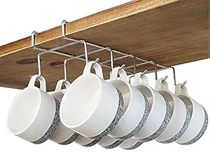 Zollyss 304 Stainless Steel Under Shelf Coffee Mug Cup Holder Rack Organizer Stand for Kitchen Counter, Cabinet, Table with 10 Hooks, Pack of 1