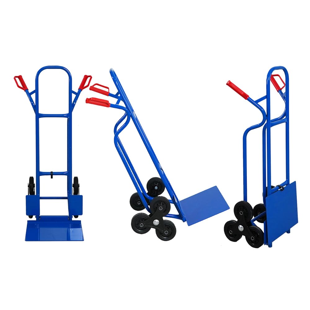 PROREGAL Treppensteiger Ragnar mit XXL klappbarer Schaufel | HxBxT 117x60x60cm | Tragkraft 250kg | 3 Hartgummi-Reifen | Stahlrahmen | Blau | Transportkarre Staplerkarre klappbar
