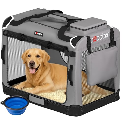 CADOCA® XXXL Dog Crate | | Foldable Breathable Car Pet Transport Box | Dog Travel Crate | Robust Pet Vet Holiday Cat Carrier Puppy Kitten Rabbit | 101x68x65cm Light Grey