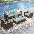 PHI VILLA 7-Piece Wicker Patio Conversation Set, Outdoor Rattan Sectional Pool Furniture Patio Set for 7 Seats with Cushioned 2 x Single Sofa, 2 x Armrest Chair, 2 x Ottoman and 1 x Armless Sofa, Blue