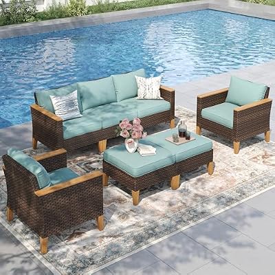 PHI VILLA 7-Piece Wicker Patio Conversation Set, Outdoor Rattan Sectional Pool Furniture Patio Set for 7 Seats with Cushioned 2 x Single Sofa, 2 x Armrest Chair, 2 x Ottoman and 1 x Armless Sofa, Blue