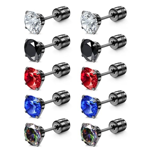 YADOCA 5Pairs Threadless Flat Back Earrings for Men Women Hypoallergenic Surgical Stainless Steel Earrings Studs Rainbow Cubic Zirconia Piercing Sleeper Earrings Set for Cartilage Black Tone
