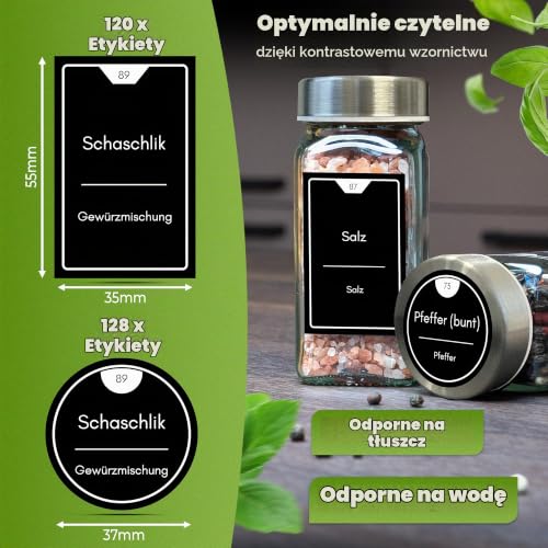 CLIDOR Pojemniki na przyprawy kwadratowe [24 x 125 ml], hermetyczne słoiki na przyprawy z wkładem do posypywania + 248 wodoodpornych etykiet na przyprawy, organizer na przyprawy i pojemniki na