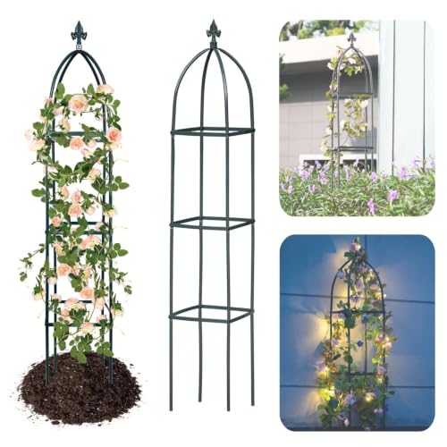 100% Metal Obelisk Trellis for Climbing Plants Outdoor & Indoor - 63 Tall Rustproof Metal Garden Trellis for Clematis Cucumber Vines - Square Plant Support Rose Trellis for Pots Flowers Fruits Green