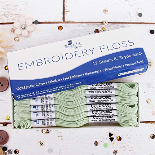 Image of 12 Skeins ThreadArt Cotton Embroidery Floss, Light Green | Long fiber cotton embroidery floss for cross stitch, hand embroidery and bracelets. Six-strand floss separates easily.