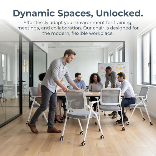 Image of Folding Office Chair with Wheel,Conference Room Chairs with Smooth Armrest-Mesh Back,Rolling Stackable Foldable Desk Chair for Guest Reception Meeting Classroom Training Seminar ,Gray∰with wheel,30