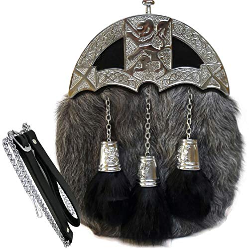 Full dress Sporran With grey Goat Fur Lion Celtic Design (Free Belt Included)