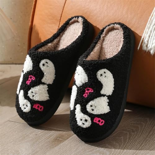 Halloween Slippers for Women Men Spooky Ghost Bats Cute Cozy Warm Plush Fluffy Warm Fur Lined Slipper Retro Memory Foam Shoes for Unisex Adult Indoor Outdoor3