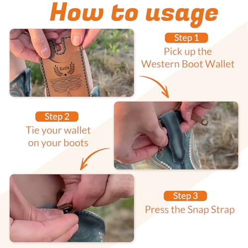 HJX Personalized 2 Pcs Fashion Western Boot Wallet for Women, Custom Handcrafted Leather Credit Card Cash Holder with Snap Strap, Small Boot Wallet Gift 5