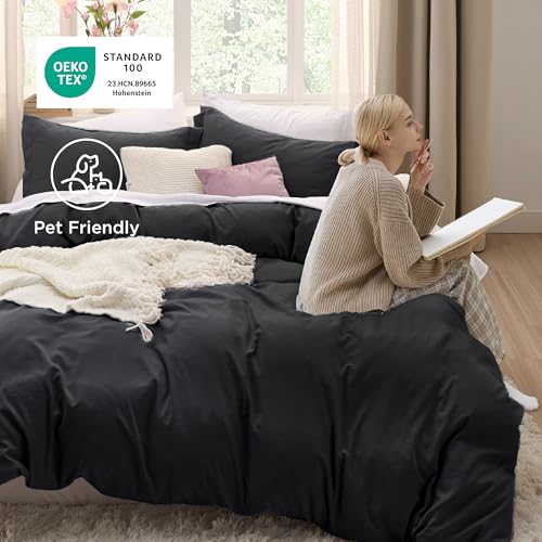 Image of Bedsure Black California King Duvet Cover - Prewashed Cotton-Like Polyester Extra Soft Bedding Set, Includes 1 Cal King Duvet Cover 104x98 Inches with Zipper Closure & 2 Pillow Shams, No Comforter