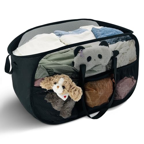 Upgraded Cationic XL Collapsible Laundry Baskets, 100L Extra Large Mesh Pop Up Hamper with Handles and bag, Portable Stair Basket, Dirty Clothes Hamper for Cruise Travel Bedroom. Black