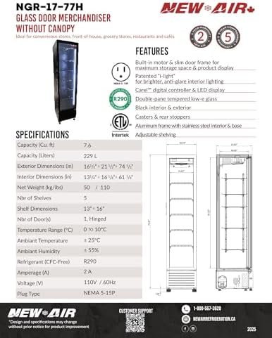 NEW AIR Commercial Glass Door Refrigerator 17" All Black - Ideal for Convenience Stores, Restaurants & Cafés, with LED Lights & Adjustable Shelves — view 3