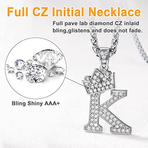 U7 Hip Hop A-Z Letter Pendant Men Women Stainless Steel Chain Bling Diamond Iced Out Crown Initial K Necklace 22-24 Inch #TOP5