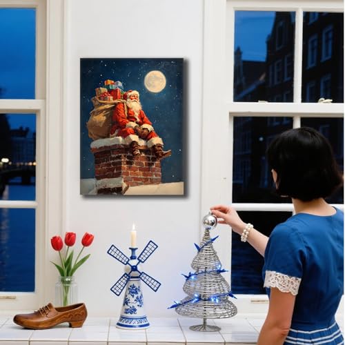 Toile Père Noël décoration murale rustique avec cheminée et cadre