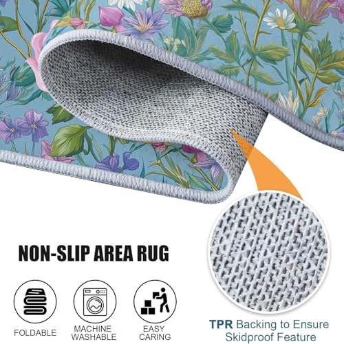 Tapis bleu rond 150 cm lavable style champêtre fleuri - 8