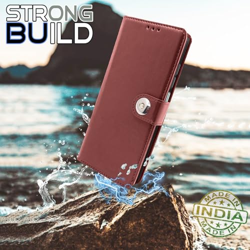 Image of Pikkme Flip Cover Leather Finish | Inside TPU with Card Pockets | Wallet Stand and Shock Proof | Complete Protection Button Flip Case for Oppo K12x 5G (Brown)