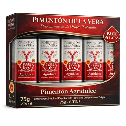 Pimentón de la Vera Ahumado AgriDulce, Denominación Origen Protegida, Pimentón Yuste 1557, Producido en Extremadura, Ideal en guisos, carnes, salsas, embutidos y platos tradicionales, 6 botes de 75 gr