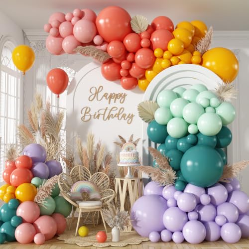 126PCS Muted Boho Rainbow Balloon Arch Garland Kit Retro Dusty Pink Orange Mustard Yellow Sage Green Slate Blue Balloon for Groovy One Birthday Boho Baby Shower Back to School Daisy Party Decorations