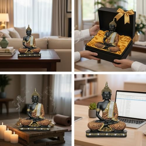 Image of Meditating Buddha Idol for Home Decor - Black & Orange Decorative Showpiece for Living Room, Office & Gift | Large Zen Buddha Murti for Peace, Vastu & Positive Energy