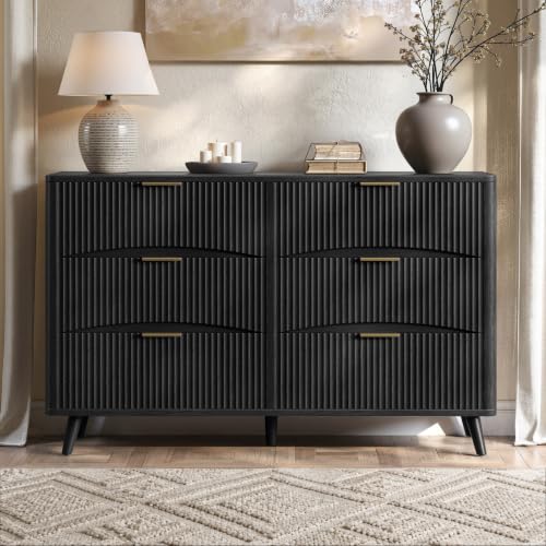 Image of Evermagin 54 inch Curved Fluted 6-Drawer Dresser, Mid-Century Modern Black