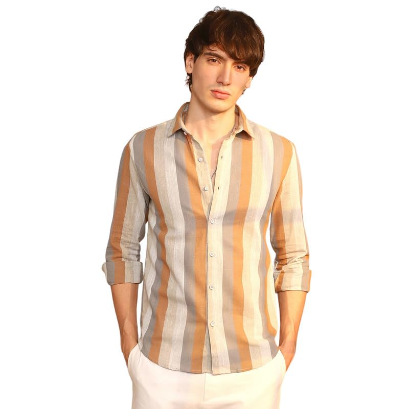 Campus Sutra Men's Stripe-Creased Shirt | Casual Wear | Spread Collar | Long Sleeve | Button Closure | Shirt Crafted with Comfort Fit for Everyday Wear in neutral