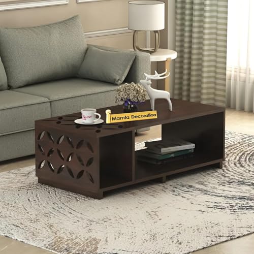 Image of MAMTA DECORATION Solid Sheesham Wood Coffee Table for Living Room | Wooden Center Table with Open Shelf Storage for Home, Hall & Lounge | Modern Tea Table with Decorative Cutwork Design |Walnut Finish