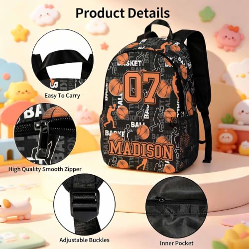 Image of Custom Backpack for Kids Personalized Boys Backpacks Back to School Set | Kids Customized Toddler Backpack for Boy with Lunch Bag Book Bag Kindergarten Prek Preschool Gifts Black Basketball Sports