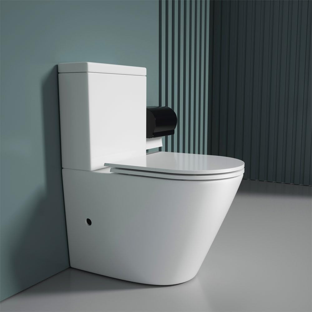 Db Durovin Bathrooms Glossy White Durovin Bathrooms Close Coupled Back To Wall Toilet Wc D-Shape Ceramic Pan & Dual Flush Cistern & Soft Close Seat With Metal Strip 365×800×610Mm(Whd) - Rimless Technology Morden Design