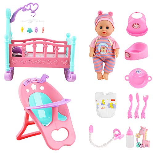 deAO 15-teiliges Spielset Meine erste Babypuppe mit einem Miniaturbett, einem mobilen Kinderbett, einem Hochstuhl… – Bild 8