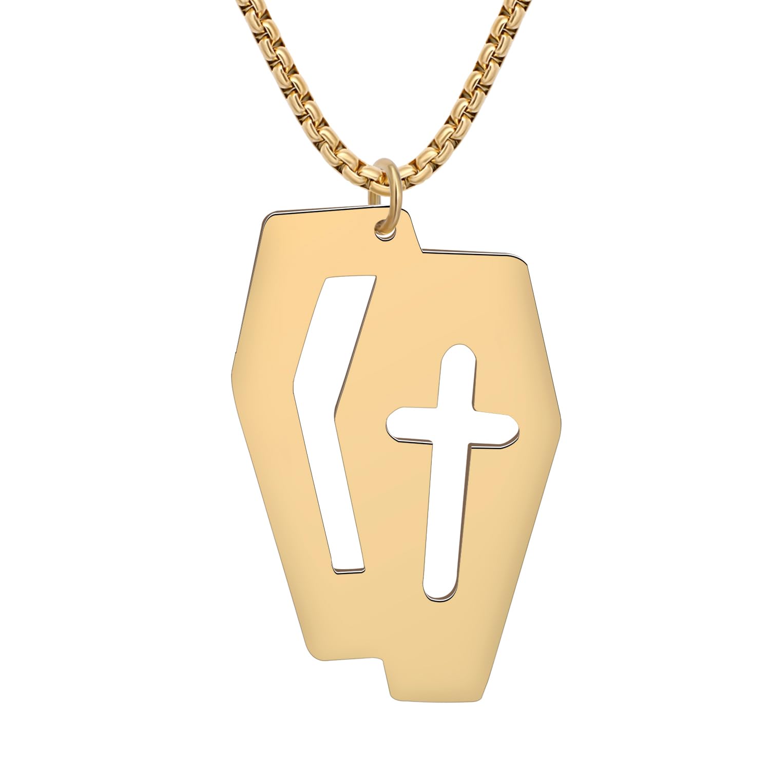 NEWEI Dainty Halloween Skull Necklace 18K Gold Plated Fashion Stainless Steel Coffin Pendant Jewelry for Women Men Girls