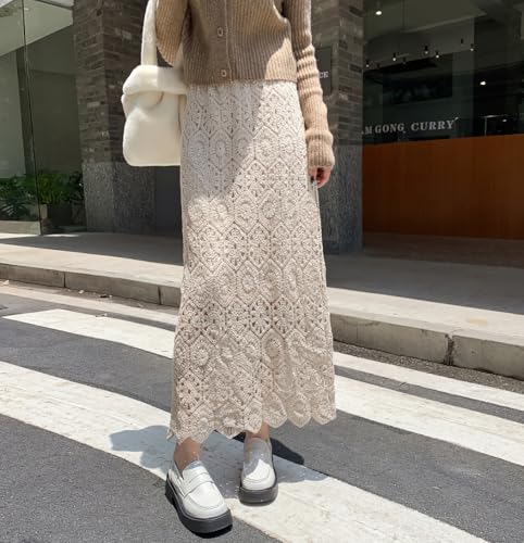 chouyatou Women's Bodycon Floral Embroidered Knit Skirt Lace Crochet Eyelet Pencil Flared Midi Skirt2