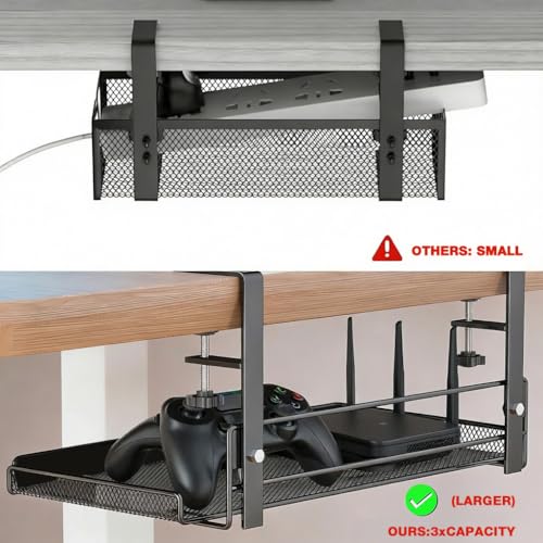 Image of Under Desk Cable Management Tray Organizer, No Drill Wire Mesh Cable Organiser for Under Table Storage, Fits Power Strips, Chargers, Office Accessories 10.8x6.3in