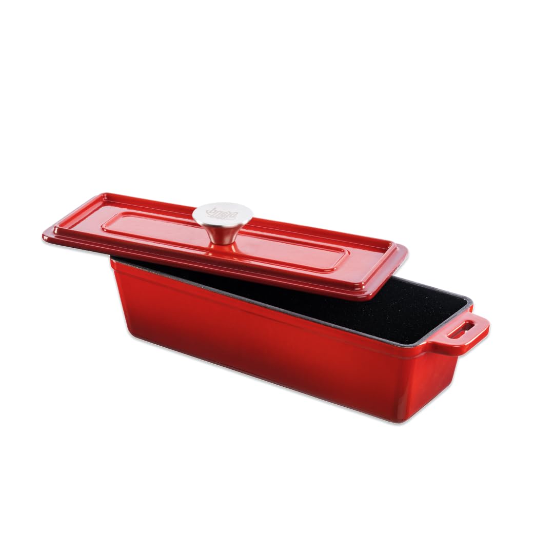 Cocotte en fonte émaillée avec couvercle et poignées - Bol étroit pour la cuisson de vases, rôtis et gâteaux - Couleur Rouge