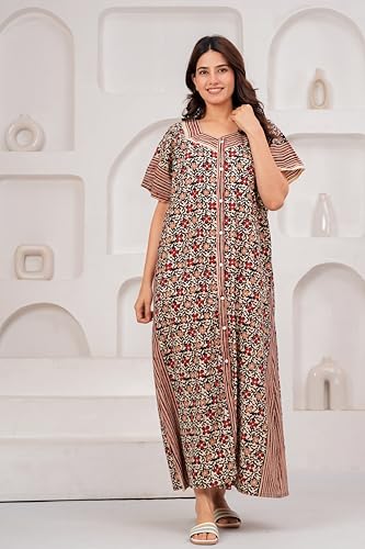 Image of DIAMO Full Open /Front Buttoned Pure Cotton Night Gown Women /Girls with Jaipuri Block Print, Maxi Night Gown, Sleepwear, Nighty, Nightdress, Jaipuri Nighty, Nighties