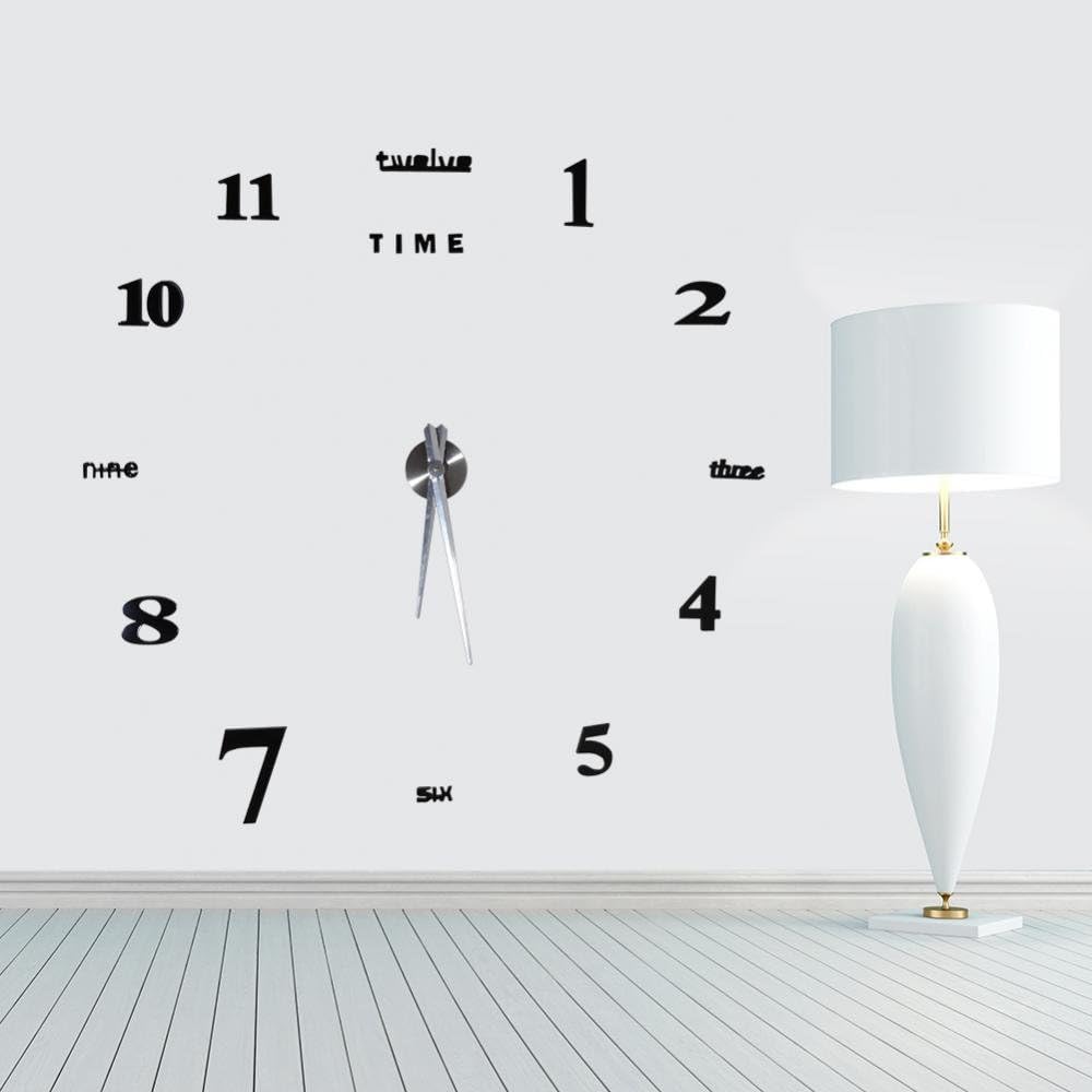 EBTOOLS DIY Wall Clock, 3D DIY Wall Clock Decor Sticker Mirror Frameless Large DIY Wall Clock Kit for Home Office Decor Watch Decorations (Black)