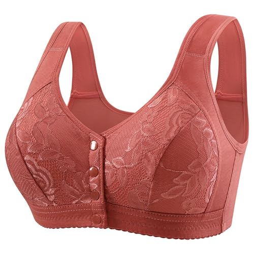Cómodo brasier de algodón para personas mayores, cómodo brasier con botones de cierre frontal, sin anillo de acero, busto lateral, hermosa espalda sin rastro, Rojo De La Sandía, 72