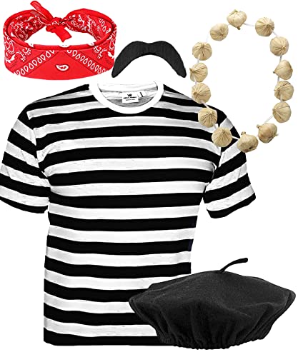 Mega_JumbleSale® Men's Frenchman Fancy Dress Costume Set ~ Black Beret Hat + T-Shirt + Necck Scarf + Onion Garland + Fake Mustache - Theme Party Stag Night French Man Outfit (XL)