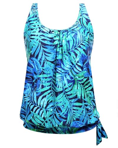 Yonique Womens Blouson Tankini Top Only Loose Fit Swim Top No Bottom Modest Swimsuit Blue Leaves Large