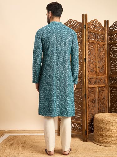 Image of Amazon Brand - Tavasya Men Rayon Geometric Embroidered Mandarin Collar Straight Kurta
