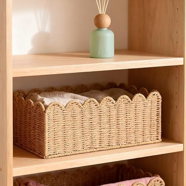 Scalloped Edge Basket, Wicker Storage Baskets, Hand Woven Baskets for Shelves,Natural Baskets for Organizing (M-14 L x 10.5 W x 6 H)