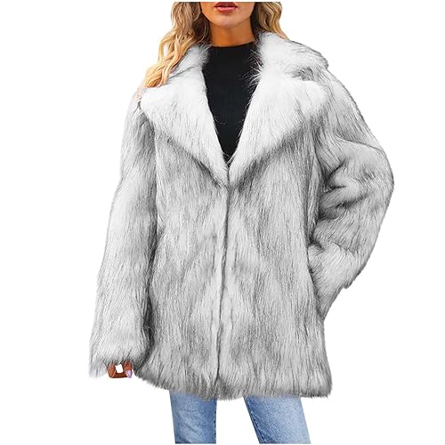 Faux Fur 3 4 Length Womens Jackets Plus Size Faux Fur Jacket Long Sleeve Notch Lapel Overcoats Blazer Style Elegant Fake Fur Windbreak Fuzzy Furry Topcoats Trench Coats Winter Warm Jacket Grey L