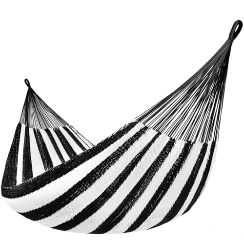 Image of Lazy Daze Hammocks Handwoven XL Mayan Hammock, 10.5 FT Soft Rope Double Hammocks, Portable Outdoor Hammock with Carry Bag, 2 Straps & Carabiners for Patio Outside, 550 lbs Weight Capacity, Black /White