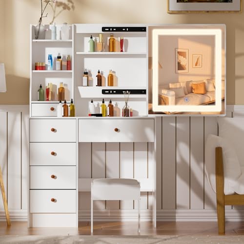 Buildonely Vanity Desk with Moveable Mirror and LED Light, Makeup Desk with Cushioned Stool 6 Large Drawers and 6 Storage Shelves, Bedroom Dressing Table (White)