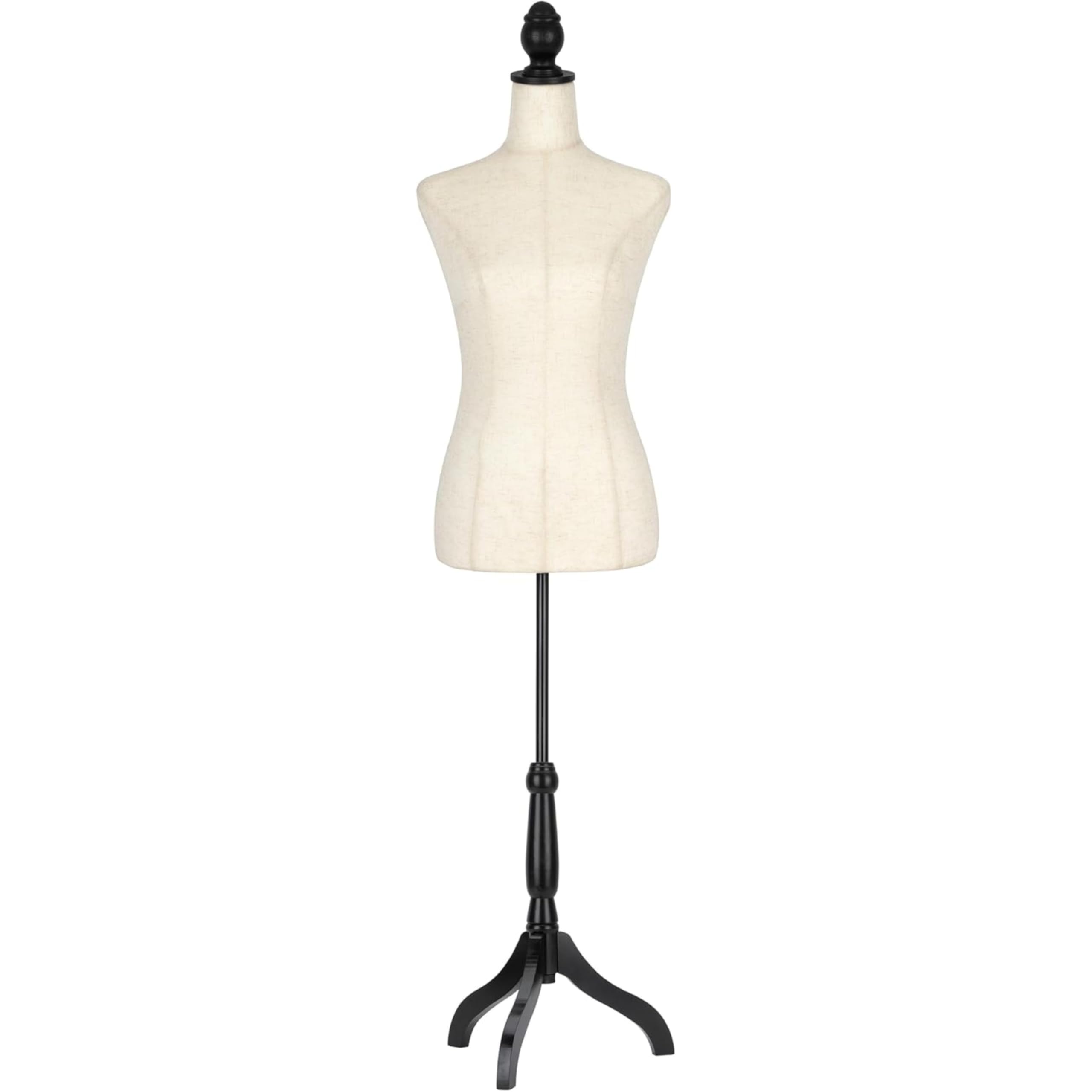 Semplix Deko Schneiderbüste–Schneiderpuppe aus Styropor (EPS) mit Baumwollbezug & Holzstativ, höhenverstellbar, Elegante Deko Schneiderpuppe für Atelier, Boutique & Dekoration (Leinenbezug)