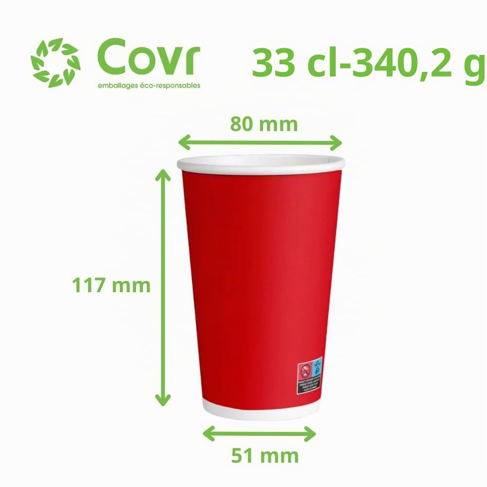 COVR Gobelets carton rouge 33cl - 12oz, 1000, unité, Recyclables, Boisson Chaude et Boisson Froide, Solide et Bonne Prise en Main, Résistant
